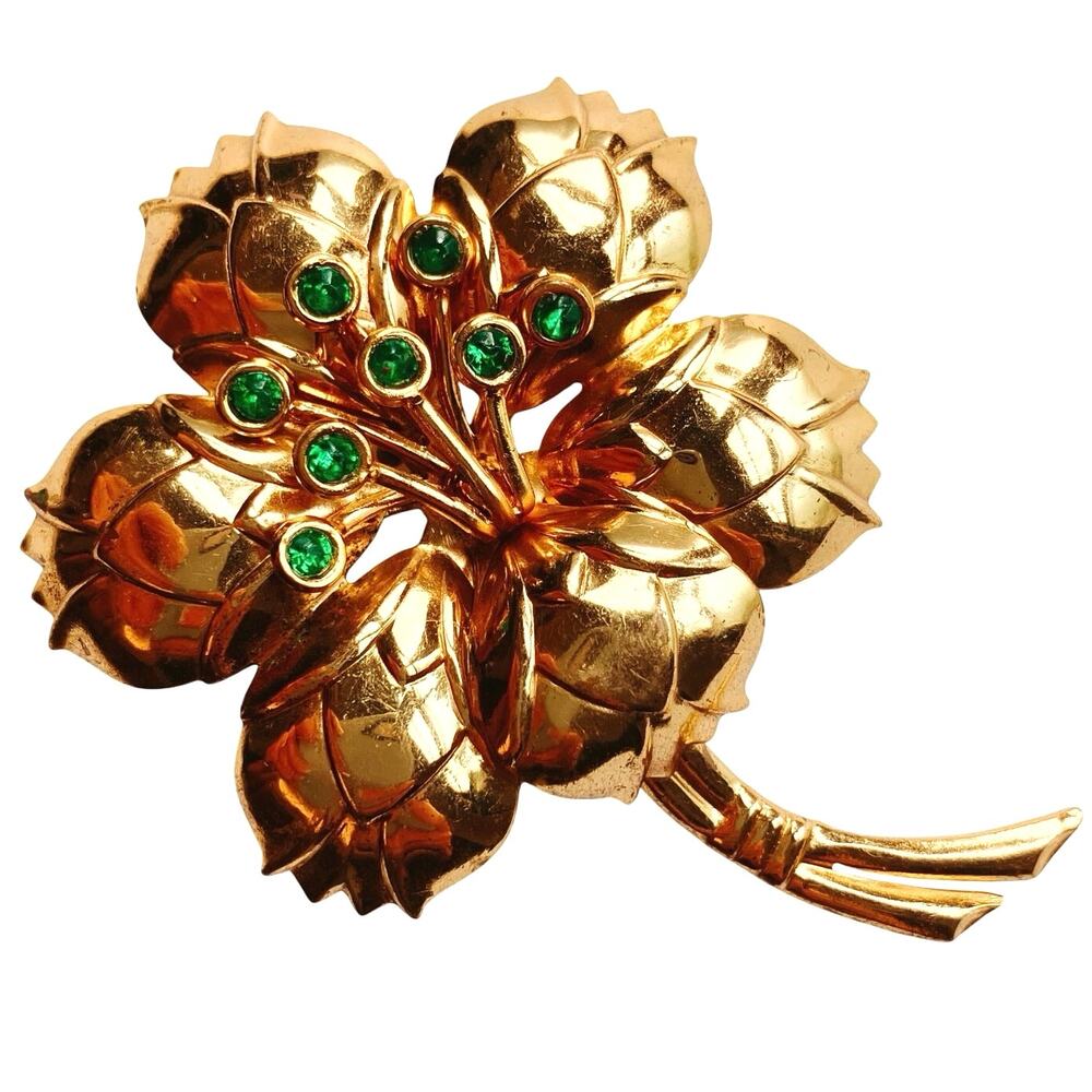 VTG Mid Century Large Brooch Green Rhinestone Floral 1940s 50s Gold Tone Pin